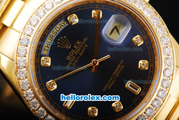 Rolex Day Date II Automatic Movement Full Gold with Diamond Bezel-Blue Dial and Diamond Markers - Click Image to Close